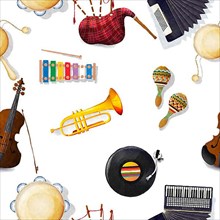 Seamless pattern with musical instruments in watercolors over white background