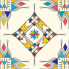 Decorative geometric repeating pattern inspired by Al-Qatt Al-Asiri traditional paintings