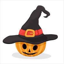 Witch hat Halloween pumpkin character over white background