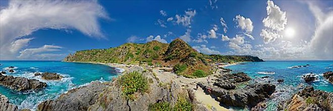360 panorama on the sandy beach Capo Vaticano and bay with turquoise sea and bizarre sky