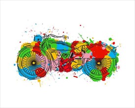 Stylized vintage motorcycle sketch and color splats over white background. Vector illustration