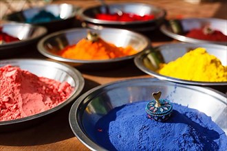 Colored colorful powder kumkum on Indian bazaar for holi festival celebration