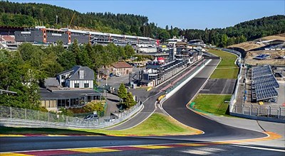 Panoramic view from 40 metres high hilltop above the steep Raidillon driveway on the dangerous Eau Rouge bend of the Spa Francorchamps circuit