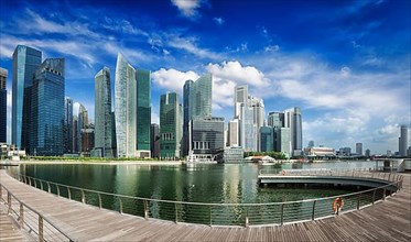 Singapore skyline of business district and Marina Bay panorama. Ultra wide angle