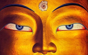 Vintage retro effect filtered hipster style image of eyes of Maitreya Buddha face close up. Thiksey Gompa. Ladakh