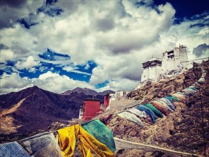 Vintage retro effect filtered hipster style image of Leh Tsemo fort and gompa and lungta