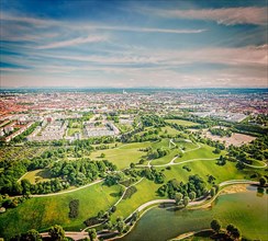 Vintage retro hipster style travel image of aerial view of Olympiapark and Munich from Olympiaturm