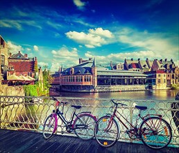 Bicycle is very common and popular transport in Europe. Bicycles in european town street. Ghent