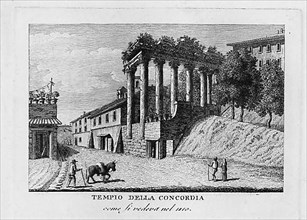 Temple of Concordia in Rome is located on the western narrow side of the Roman Forum next to the Temple of Vespasian