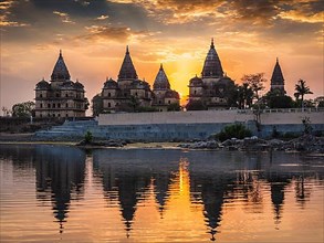 View of Royal cenotaphs of Orchha over Betwa river. Orchha