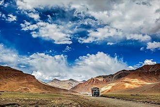 Indian lorry on Trans-Himalayan Manali-Leh highway in Himalayas. Ladakh