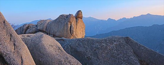 View of stones and rock formations from Ulsanbawi rock peak on sunset. Seoraksan National Park