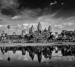 Cambodia landmark Angkor Wat with reflection in water. Black and white verson