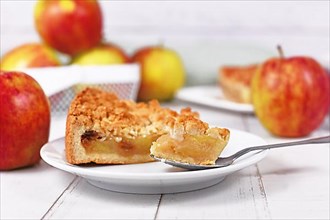 Piece of traditional European apple pie with topping crumbles called 'Streusel' on dessert spoon