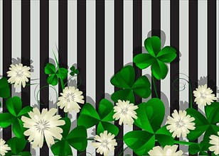 Colorful clover leaves and flowers over a striped background