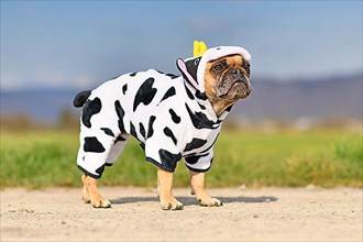 Funny French Bulldog dog wearing a funny Halloween cow costume