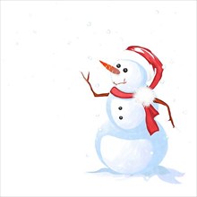 Watercolor style drawing of a smiling snow man against white background