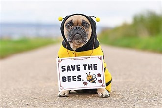 French Bulldog dog wearing bee costume with demonstration sign saying 'Save the bees'
