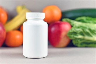 Food nutrition supplement bottle in front of fruits and vegetables in blurry background