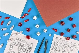 Tabletop role playing flat lay with RPG game dices