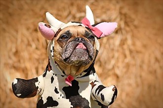 French Bulldog dog wearing funny full body Halloween cow costume with fake arms