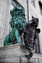 Bavarian lion statue at Munich Alte Residenz palace in Odeonplatz. Munich