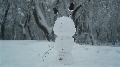 Happy funny snowman acrobat standing on his head