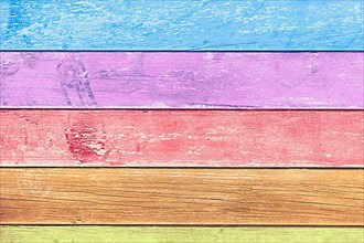 Background with colorful horizontal old wooden planks with chipped paint