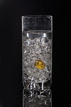 Crystals of ice in a glass with water on a glass background