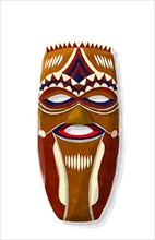 Watercolor style drawing of a African tribal mask over white background