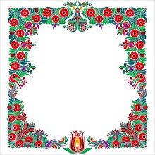 Hungarian folk style floral frame over white background with copy space