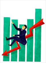 Falling business man with negative bar graph in watercolor over white background