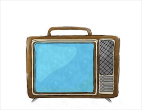 Watercolor style drawing of a retro tv set ovr white background