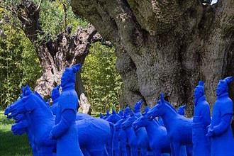 Blue plastic statues representing the army of Chinese terracotta soldiers