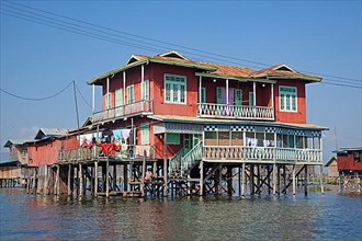 Traditional wooden houses on stilts in Inle Lake