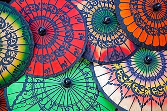 Asian colourful opened oil paper parasols