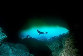 Diver in freshwater cave Laguna Pepe