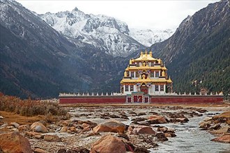 Tibetan temple with golden roof dedicated to Guru Rinpoche