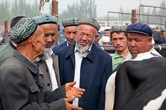 Uyghur farmers wearing doppas trade cows at the cattle market in Kashgar