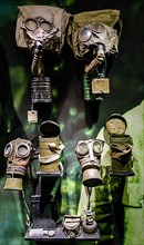 Collection of gas masks from the First World War in the Memorial Museum Passchendaele 1917 in Zonnebeke