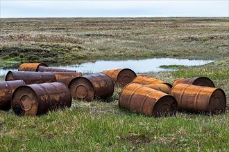 Rusted barrels in the tundra