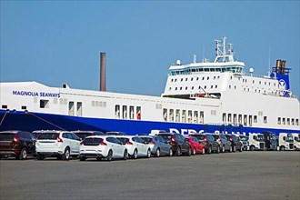 Cars from the Volvo Cars assembly plant waiting to be loaded onto the roll-on/roll-off/roo-ship at the seaport of Ghent