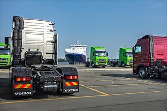 Trucks from Volvo Trucks' assembly plant waiting to be loaded onto the roll-on/roll-off/roo-ship at the seaport of Ghent