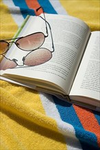Open book and sunglasses on beach towel