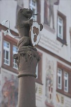 Detail of the fountain with town coat of arms at the market place in Schiltach
