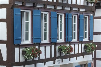 Facade of half-timbered house with shutters built 1775 in Schlossbergstrasse