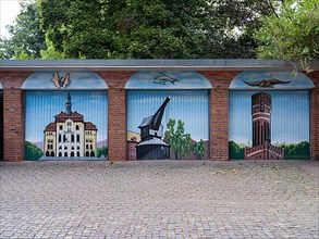 Graffiti with motifs of Lueneburg landmarks town hall