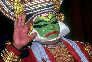Kathakali Bhima Pacha Green character in Kerala Kalamandalam Koothambalam temple theatre Cheruthuruthy near Soranur