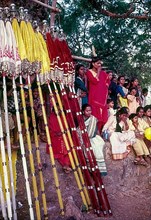 Spectators and colourful umbrellas in Pooram festival in Thrissur Trichur