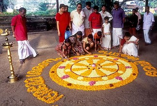 Aththapoovu or Floral decoration during Onam festival in front of Bhagavati temple in Kodungallur